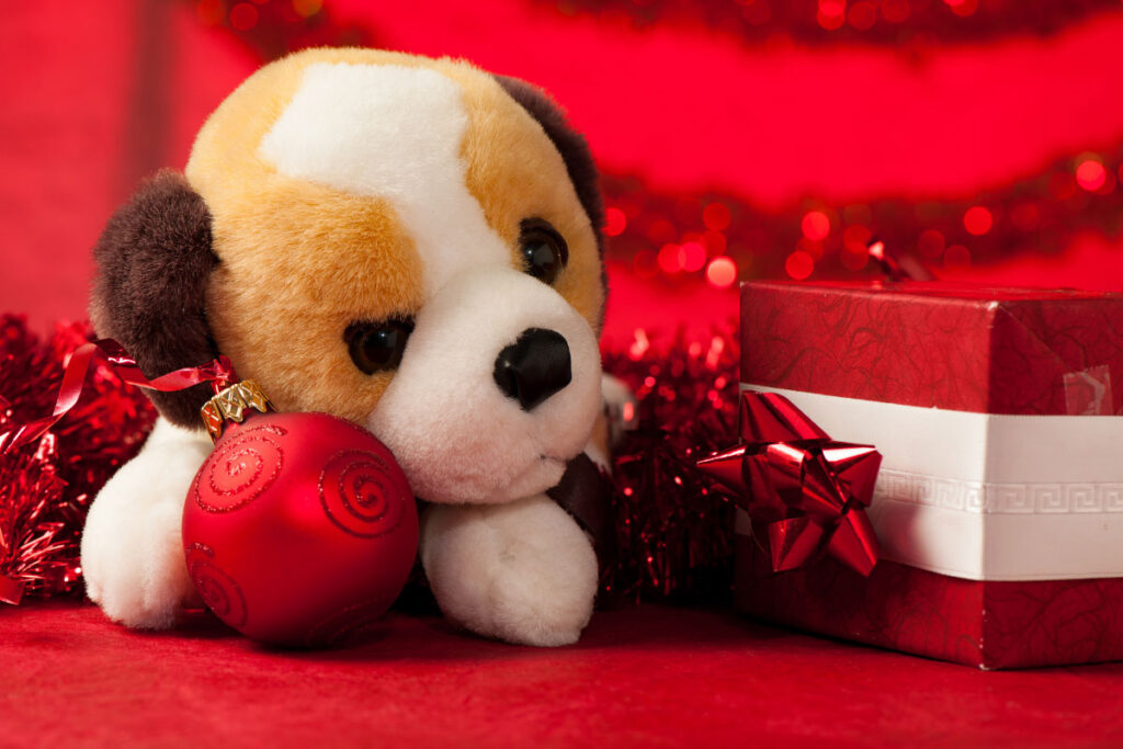 dog toy with christmas ornaments